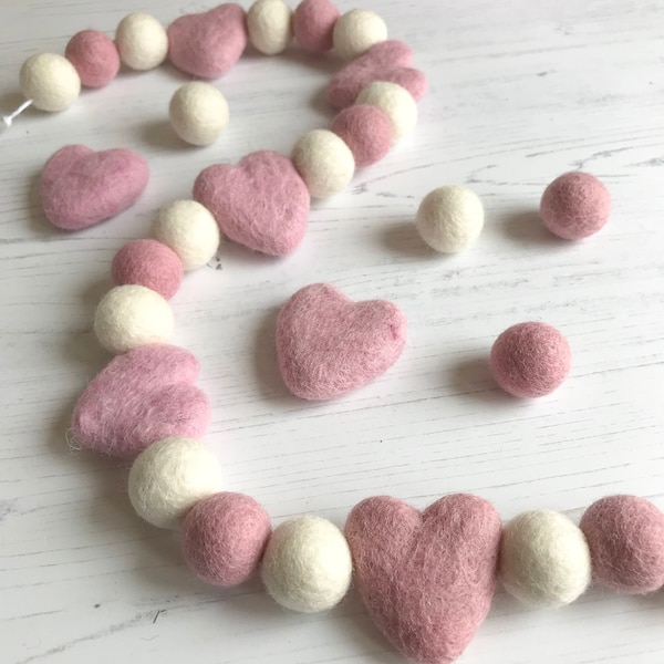 Pink & White Felt Ball Garland, Heart Nursery Decor