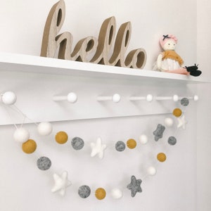 Nursery decor, Felt Ball, pom pom garland, Star Garland, Nursery decoration, modern nursery, home decor, in mustard , Grey and White, image 3