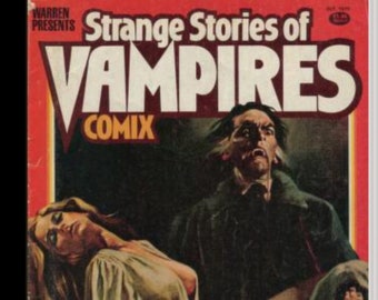 Könnte beinhalten: Ein Vintage-Comic-Cover mit einem Mann mit düsterem Gesichtsausdruck, der eine Frau in einem weißen Kleid hält. Das Cover ist rot und schwarz mit dem Titel "Strange Stories of Vampires Comix".
