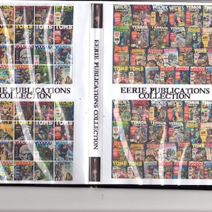 Op de afbeelding: Een close-up van een boekomslag met een collage van vintage comicboekomslagen. De omslagen tonen horror- en fantasythema's met titels als "Witches Tales", "Terror Tales", "Tomb" en "Voodoo". De boekomslag is getiteld "Eerie Publications Collection".
