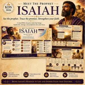 May include: A visual Bible character study titled Meet the Prophet Isaiah, featuring educational charts, maps, and illustrations of the prophet. The materials include text about Isaiah's life, prophecies, and the coming Messiah, presented in a professional layout.