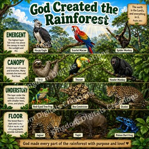 Puede incluir: Un póster educativo titulado God Created the Rainforest, que presenta ilustraciones de animales como un águila harpía, una guacamaya roja, un mono araña, un perezoso, un tucán, un mono aullador, una rana de ojos rojos, una boa constrictor, un ocelote, un jaguar, un tapir y una rana dardo venenosa.
