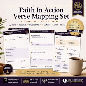 May include: A Faith In Action Verse Mapping Set featuring a 3-page guided Bible study worksheet and a quick-start mini-guide. The white pages include sections for reading, observing, understanding, connecting, applying, and praying with text.