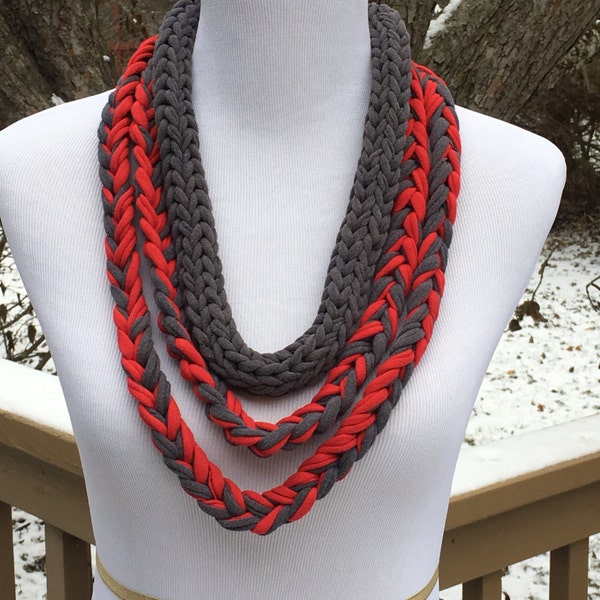 Ohio State University T Shirt Necklace, Scarlet and Gray Necklace, OSU T Shirt Necklace, Handmade Fingerknit & Crochet Rope Necklace