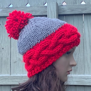 Ohio State Winter Hat, Hand Knit Winter Hat, Scarlet and Gray Knit Hat, Cable Knit Hat, Buckeyes Winter Hat, OSU Accessory, Winter Accessory
