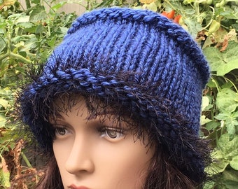 Roll Brimmed Knit Hat, Handmade Knit Hat, Fun Fur Winter Hat, Blue Knit Hat, Flare Brimmed Knit Hat, Cloche Hat, Fashionable Winter Hat