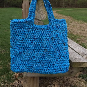 Blue Market Tote, Reusable Grocery Bag, Plastic Yarn Crochet Tote, Handmade Tote, Durable Market Bag, Plarn Market Tote, Upcycled Plastic