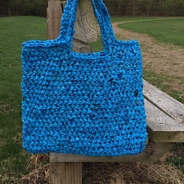 Blue Market Tote, Reusable Grocery Bag, Plastic Yarn Crochet Tote, Handmade Tote, Durable Market Bag, Plarn Market Tote, Upcycled Plastic