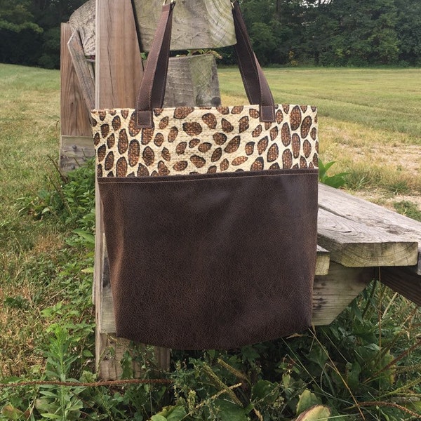 Brown Faux Leather Tote, Lightweight Brown Leather Tote, Lined Tote with Magnetic Closure, Leather and Cheetah Print Tote Everyday Tote