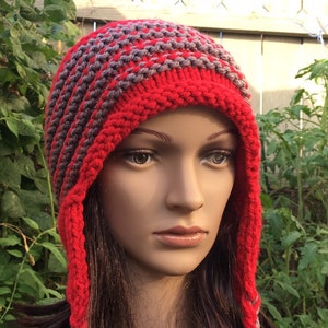 Ohio State Winter Hat, Hand Knit Winter Hat, Scarlet and Gray Knit Hat, Winter Hat with Braids, Knit Hat with Ear Flaps, Buckeyes Winter Hat