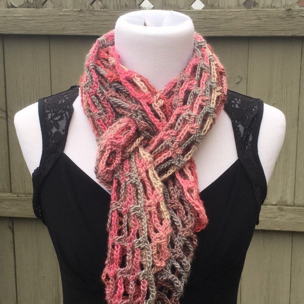 Multi Color Knit Scarf, Pink Handmade Crochet Scarf, Open Weave Crochet Scarf, Red Heart Unforgettable Yarn, Lacey Scarf, Lightweight Scarf