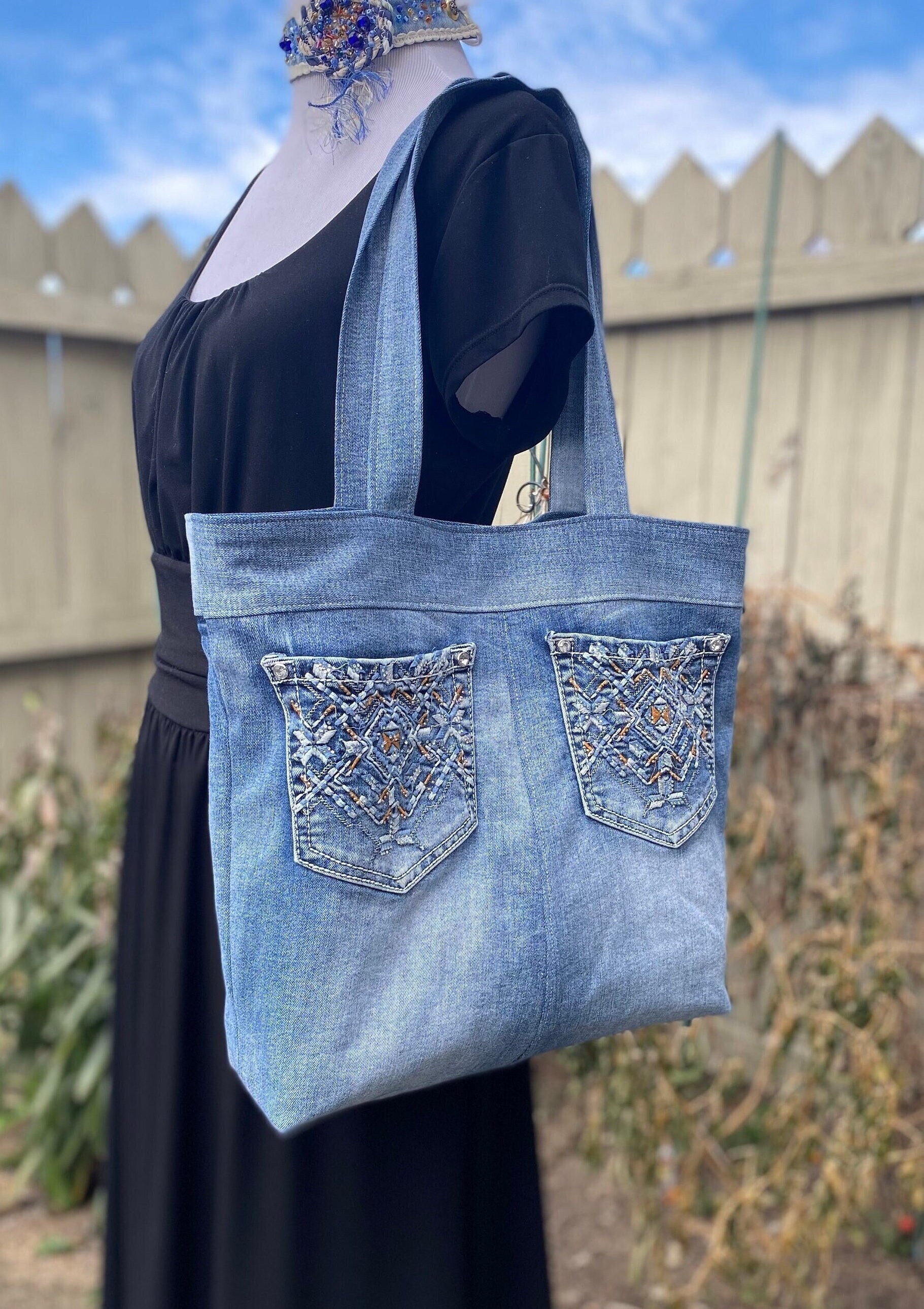トートバッグ RONRON RIBBON POINTED DENIM TOTE BAG MEDIUM BLUE Denim Turtle Bag | Textured Tote Bag – Turtle Bags
