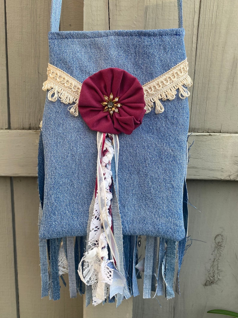 Fringe Denim Crossbody Bag Embellish Boho Hippie Style Purse Handmade