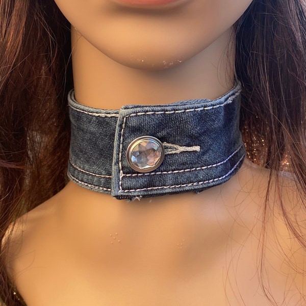 Denim Choker Upcycled Denim Waistband Sparkly Button Choker 70s Trend Denim Accessory Handmade Denim Necklace Hippie Style Fun Accessory