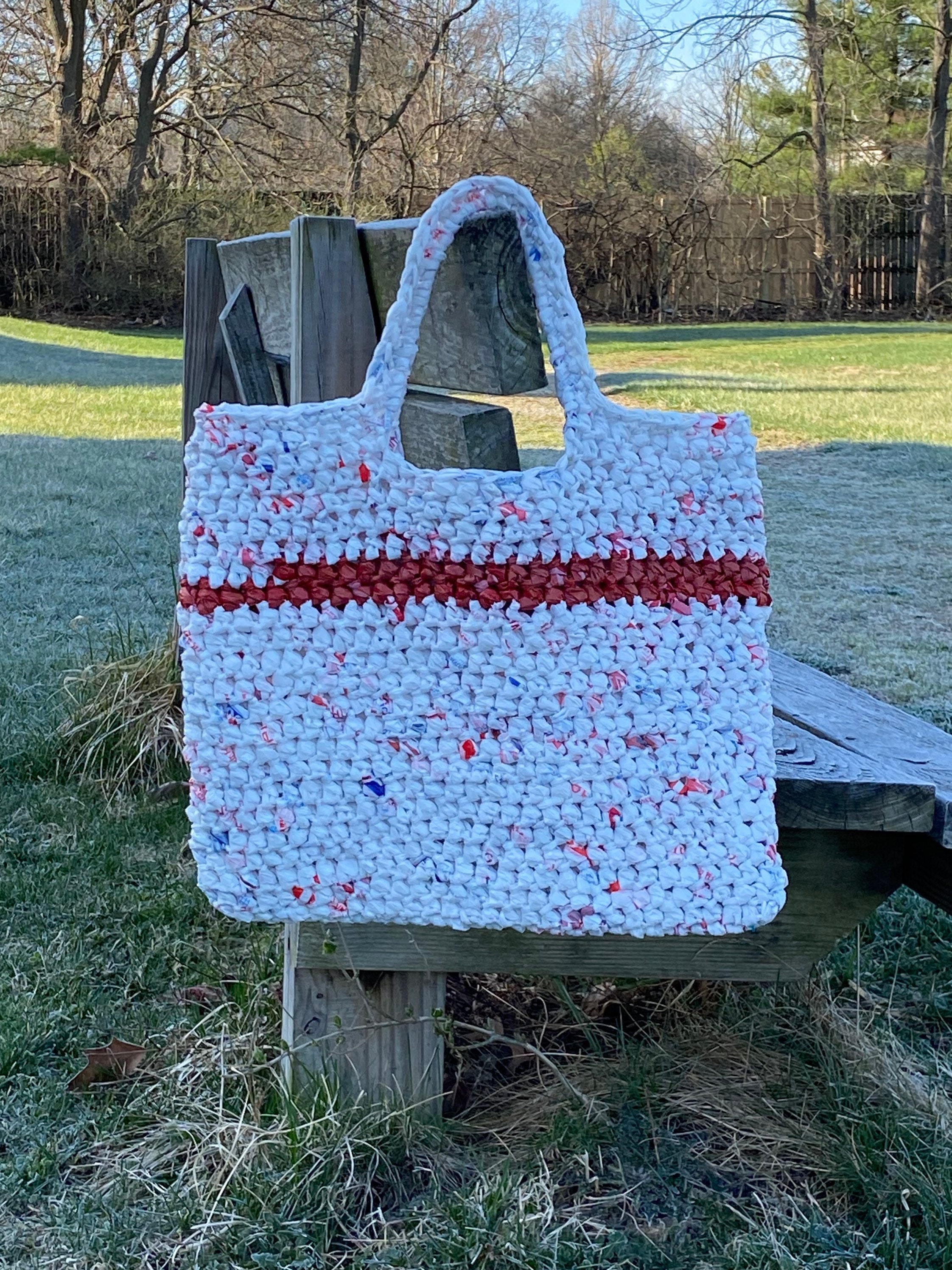 White Plarn Market Tote, Reusable Grocery Bag, Crochet Plarn Tote