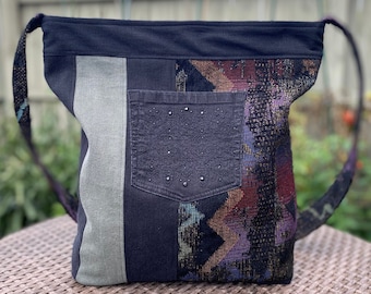 Denim Crossbody Shoulder Bag Upcycled Denim Tote Handmade Denim Market Bag Denim Shoulder Purse Multi Pocket Denim Tote Roomy College Tote