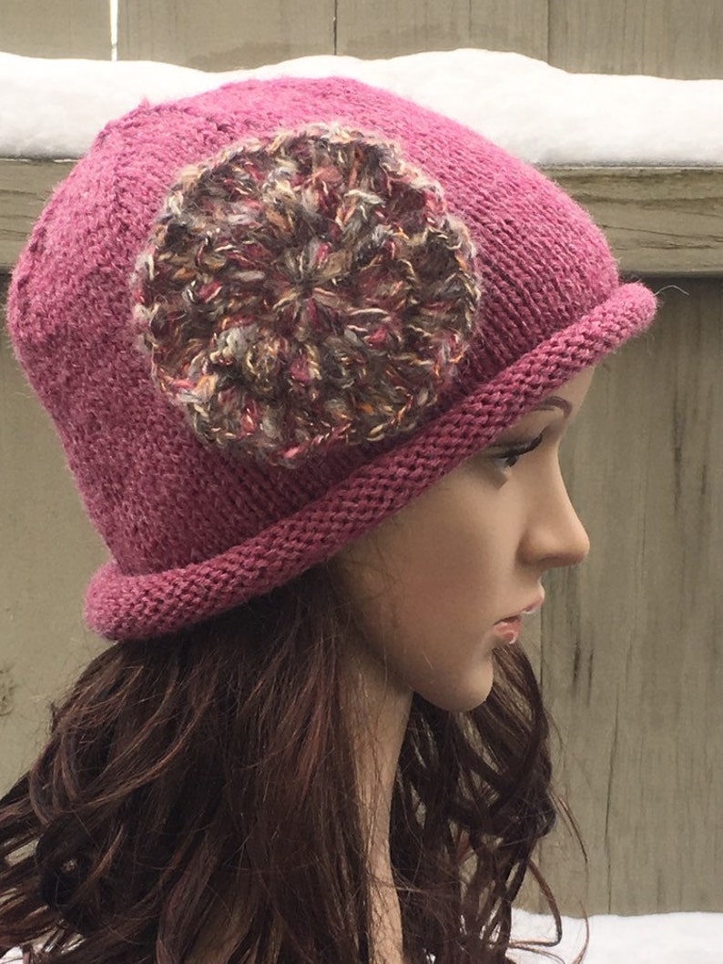 Roll Brim Winter Hat Hand Knit Winter Hat Flower Winter Hat Etsy