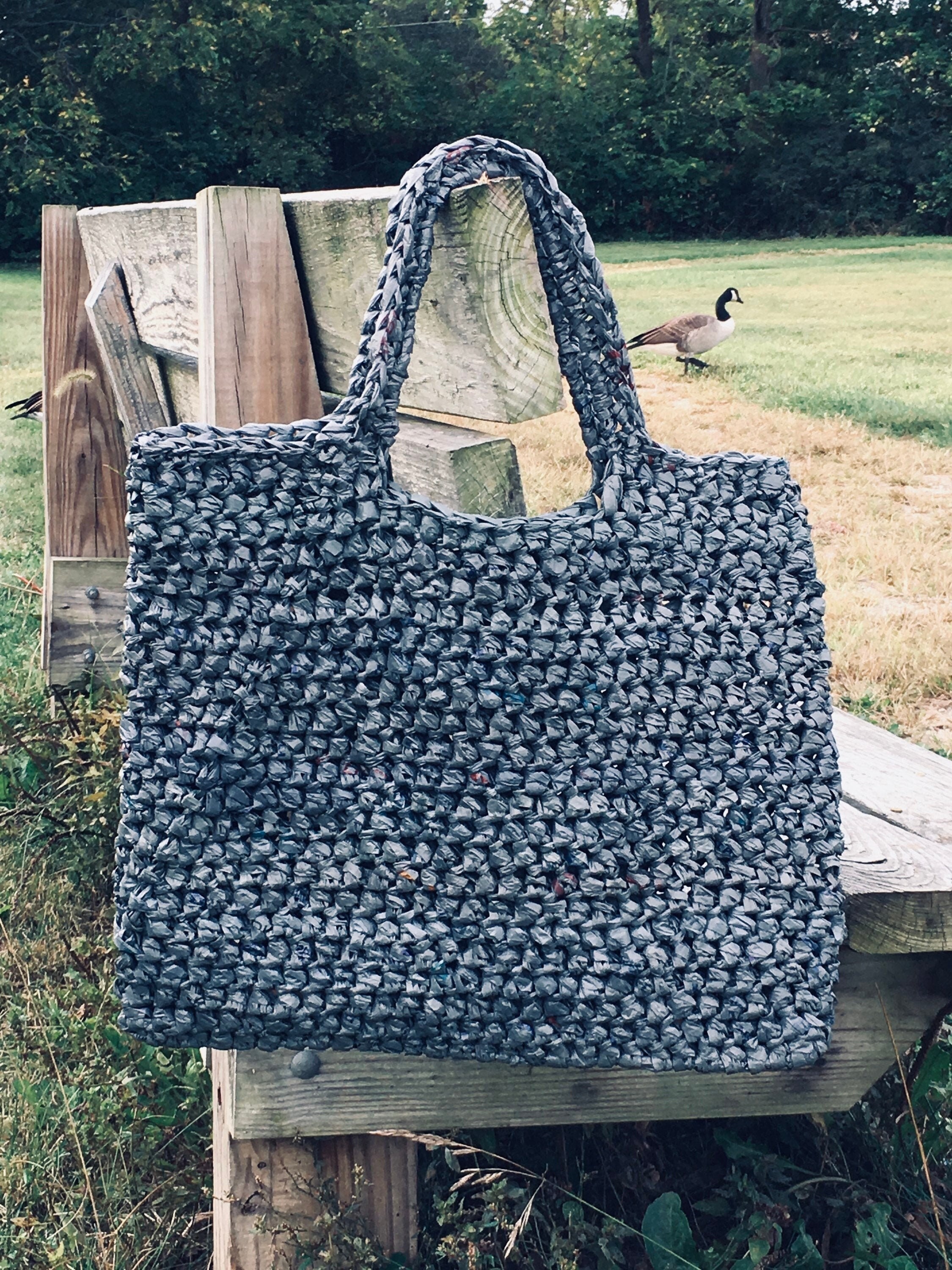Gray Market Tote Reusable Grocery Bag Plastic Yarn Crochet Tote