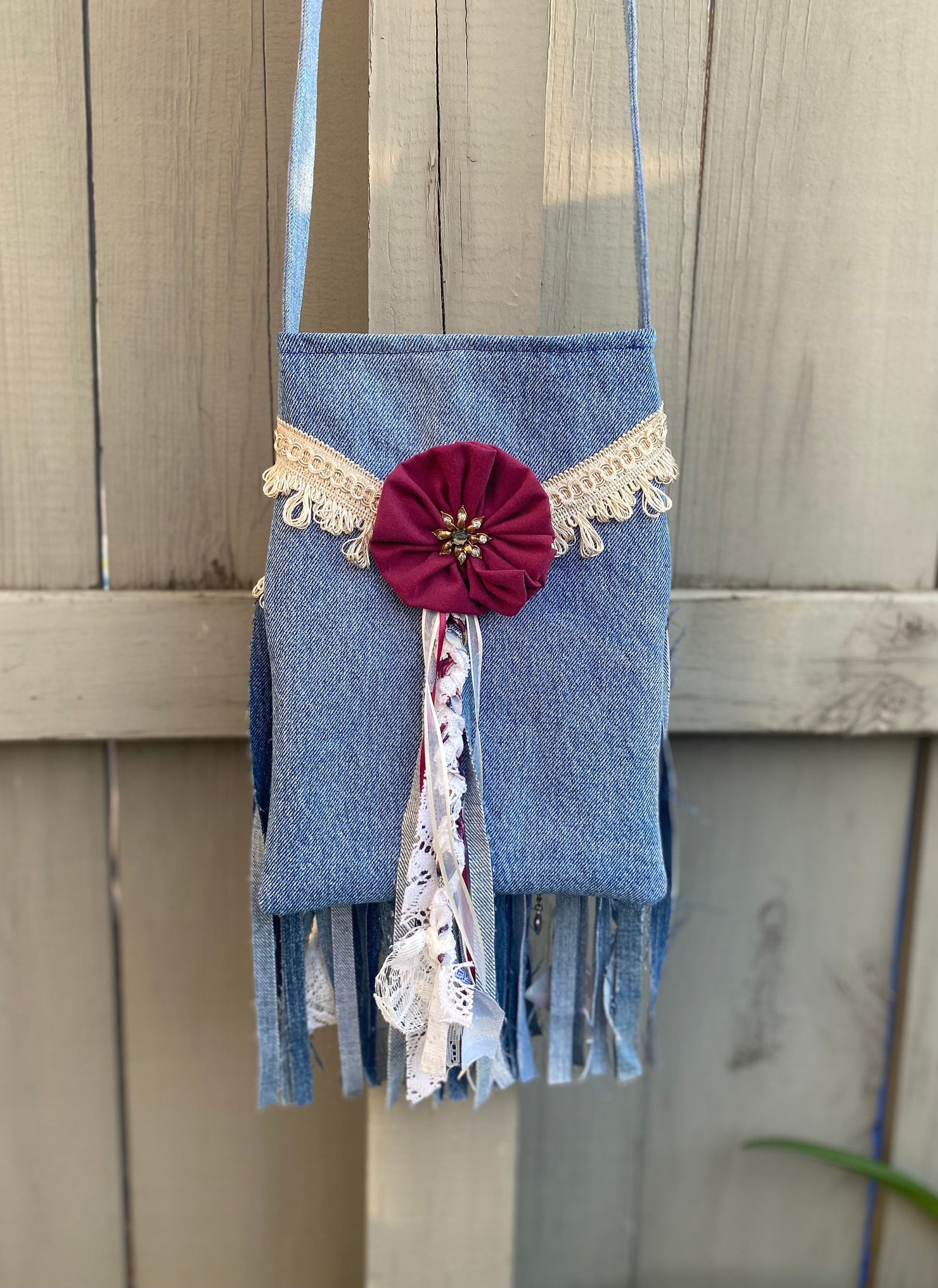 Fringe Denim Crossbody Bag Embellish Boho Hippie Style Purse Handmade