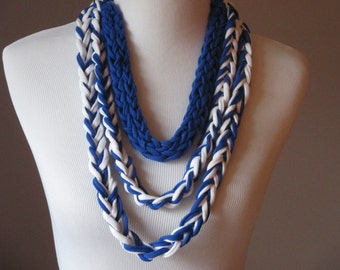 Navy Blue and White T-Shirt Necklace, Fingerknit & Crochet Rope Necklace, Versatile Necklace, Handmade T-Shirt Necklace, Upcycled T-Shirt