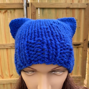 Hand Knit Blue Cat Ear Beanie - Whimsical Winter Hat