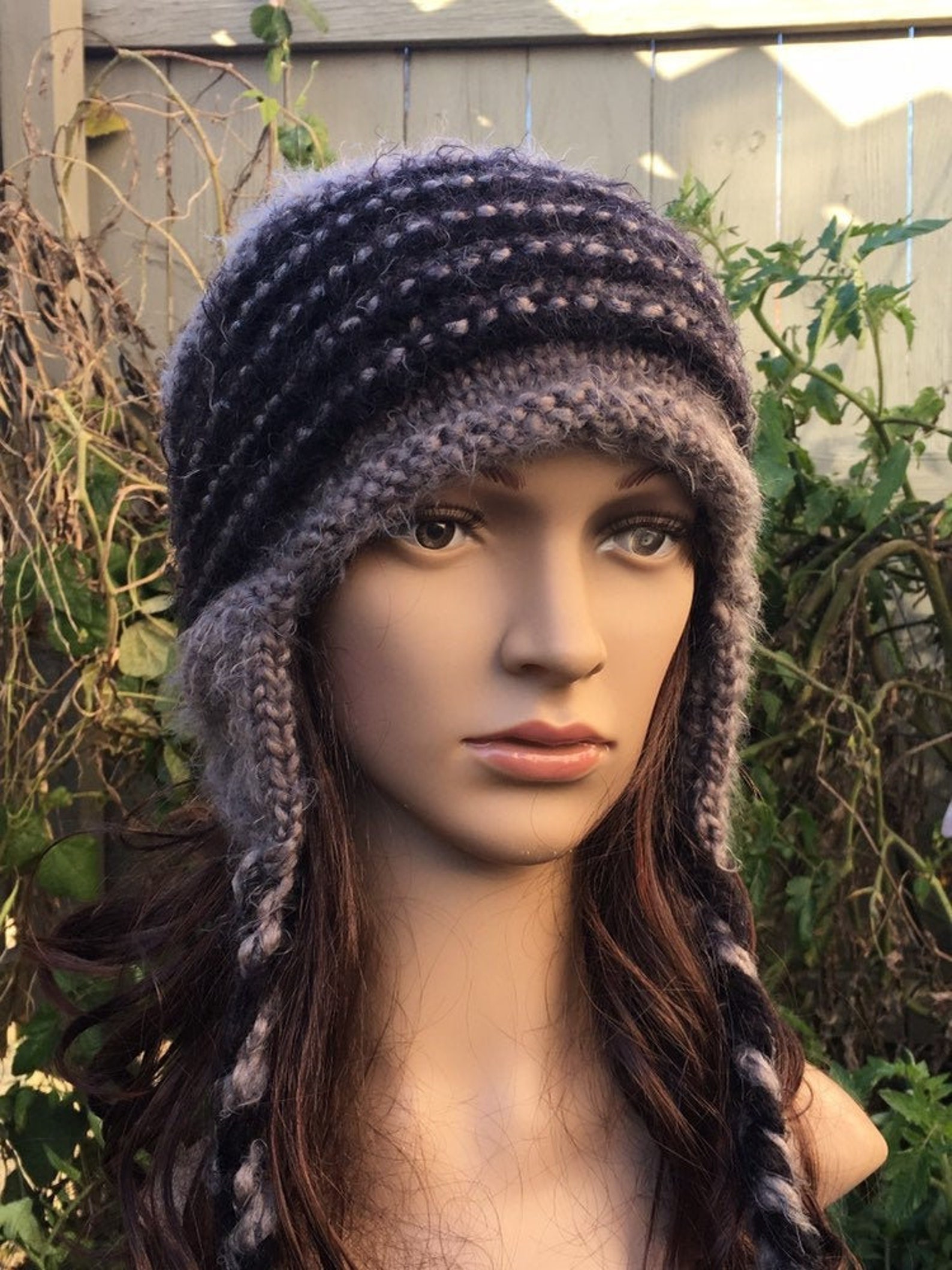 Hand Knit Winter Hat Gray and Black Knit Hat Winter Hat With Etsy