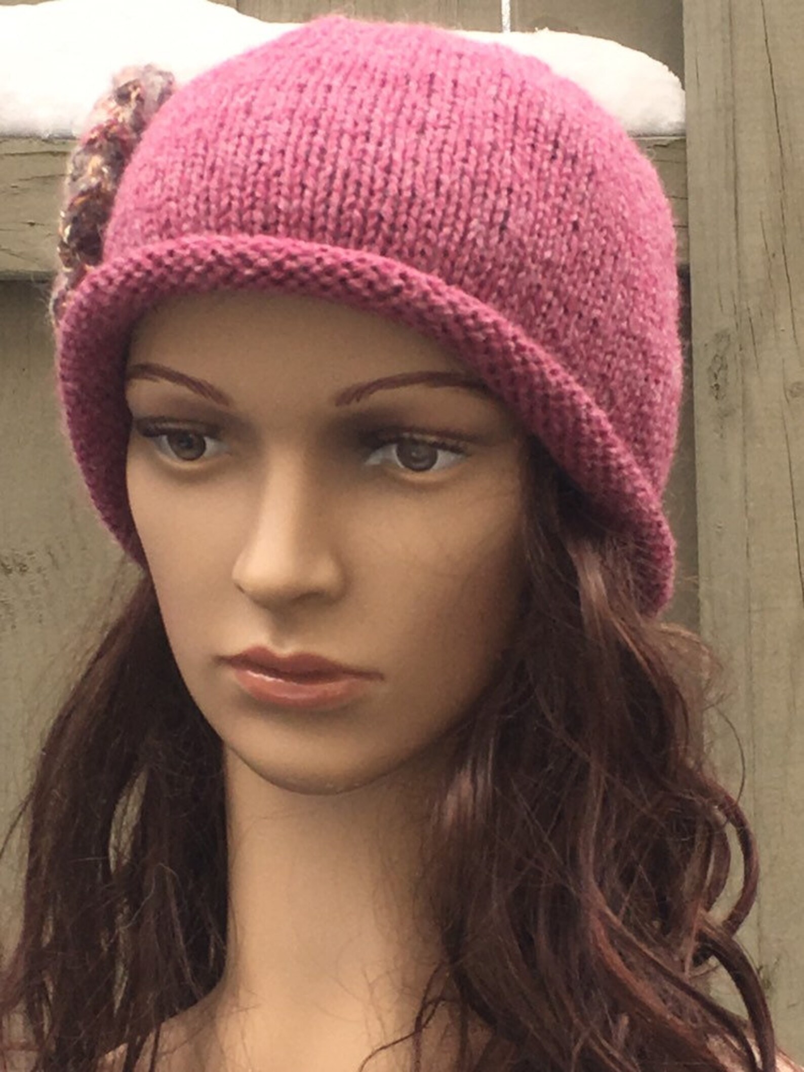 Roll Brim Winter Hat Hand Knit Winter Hat Flower Winter Hat Etsy