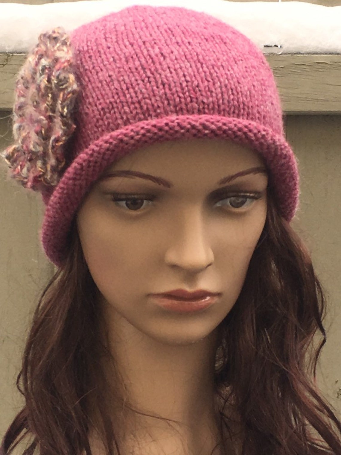 Roll Brim Winter Hat Hand Knit Winter Hat Flower Winter Hat Etsy