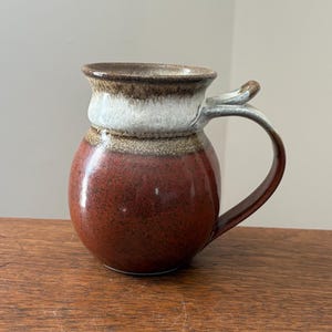 Veverka Signed, Vintage Studio Pottery Ceramic Mug with Speckled Glaze and Unique Handle