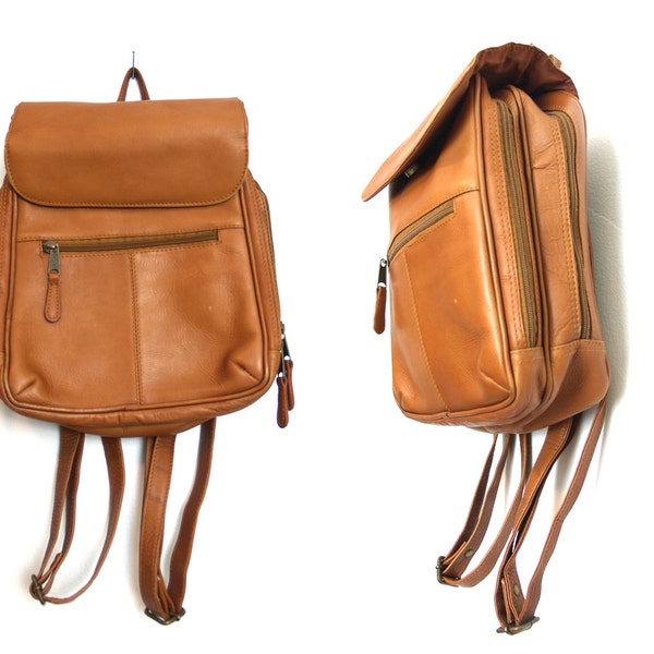 Vintage Leather Backpack by Clava >> 1980s 80s 1990s 90s small backpack >> light honey brown