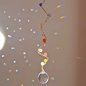 Boho Crystal Suncatcher: Rainbow Maker with Gold Wire & Glass Beads
