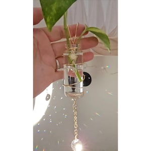 Op de afbeelding: Een doorzichtig glazen vermeerderingsflesje omwikkeld met goudkleurig draad, met daarin een groene plantstek. Het flesje is voorzien van een gouden zonnibedeltje en hangt aan een gouden ketting die eindigt in een heldere kristallen bol.