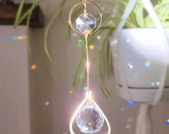 Boho Gold Crystal Suncatcher with Sun and Moon Gold plated charms, Rainbow maker, Dopamine Decor, Feng Shui Crystal