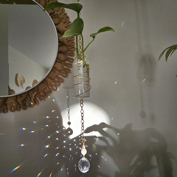 Plant Propagation Station Crystal Suncatcher, Sun catcher window decor with Rose Quartz