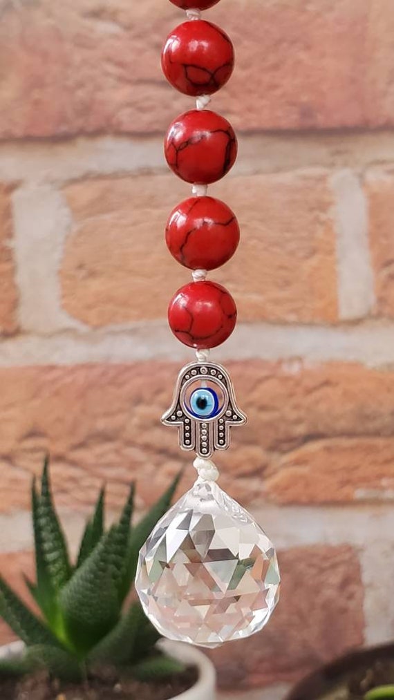 Crystal Charm Evil Eye Protection Car Accessories Hamsa Protection Good Luck Spiritual Rearview Mirror Rainbow Maker 