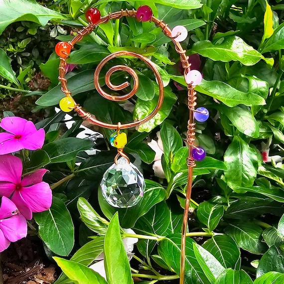 Copper Plant Stake Crystal Sun Catcher, Plant lover gift