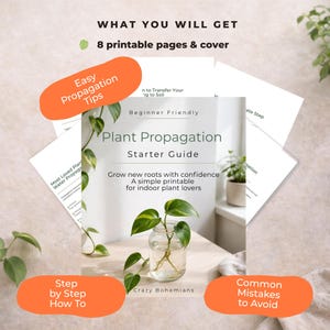 以下が含まれることがあります： 「Plant Propagation Starter Guide」と「Grow new roots with confidence」のテキストが入った、植物の繁殖スターターガイド。植物の挿し木が入ったガラス瓶と、「Easy Propagation Tips」などのフレーズが入ったオレンジ色のテキストバブルが含まれています。