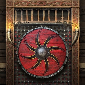 May include: A red and black Viking shield with a metal rim and a central boss. The shield is hanging on a wooden wall with intricate carvings.