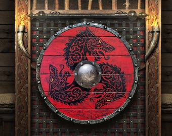 Fenrir Lobo Rojo Auténtico Escudo Vikingo Desgastado por la Batalla