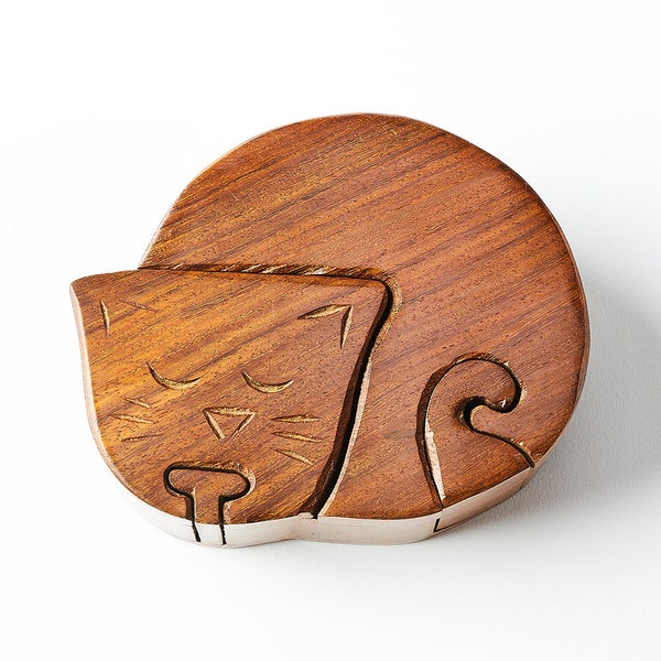 Cat Shaped Wooden Puzzle Box, Wood Stash Box, Jewelry Box, Keepsake Box With Secret, Box With Hidden Compartment, Hand Carved Box, Pill Box