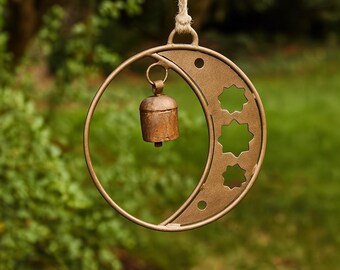 Celestial Decor, Metal Bell Chime, Moon Wind Chime, Indian Bell Hanging, Meditation Decor, Spring Decor, Handmade Bell Chime, Garden Gift