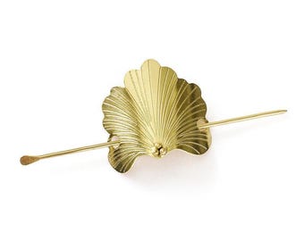 Horquilla con forma de hoja de ginkgo, accesorio para el cabello con forma de abanico de latón dorado, horquilla natural, joyería para el cabello para mujer, pasador dorado, regalo para mujer