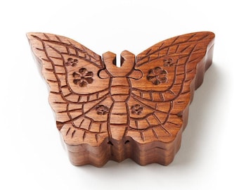 Hand Carved Wooden Puzzle Box, Hidden Compartment Box, Indian Rosewood Box, Jewelry Organizer, Stash Keepsake Box, Brainteaser Box,Butterfly