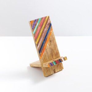 Wooden Phone Stand, Phone Holder For Desk, Wood Charging Station, Dock for Cell Phone, iPhone Holder, Boho Phone Stand, Colorful Wood Holder