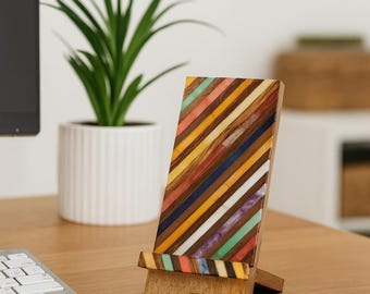 Wooden Phone Stand, Phone Holder For Desk, Wood Charging Station, Dock for Cell Phone, iPhone Holder, Boho Phone Stand, Colorful Wood Holder