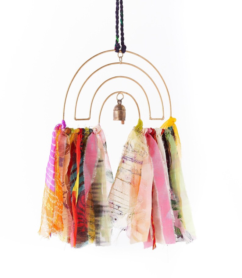 Boho Windchime, Metal Rainbow Wind Chimes, Hanging Bell, Sari Wind Chime, Bell Chime, Rainbow Wall Hanging, Home Improvement, Spring Decor image 3