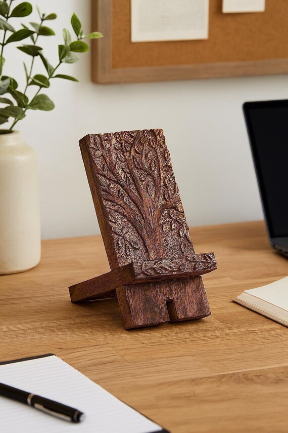 Wooden Phone Stand, Office Desk Decor, Cookbook Stand, Mothers Day Gift, Tablet Dock, iPhone Stand, Mango Wood Phone Holder, Unique