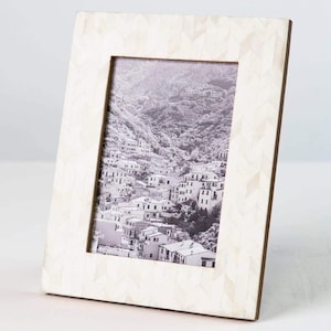 Chevron Double Picture Frame in 4x6, White Pearl Mosaic Inlay Photo Frame ~ Ethical Wedding Decor ~ Hinged Photo Frame for Wedding Gift