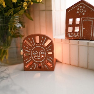 Terracotta Tealight Candle Holder, Housewarming Gift, Terracotta Tribal Tealight Holder, Mantle Decor, Living Room Decor, Ceramic Decor