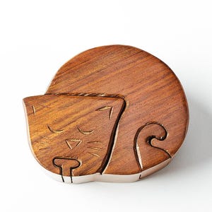 Cat Shaped Puzzle Box, Puzzle Box Hidden Compartment, Wooded Stash Box, Jewelry Box, Keepsake Box With Secret, Hand Carved Box, Pill Box